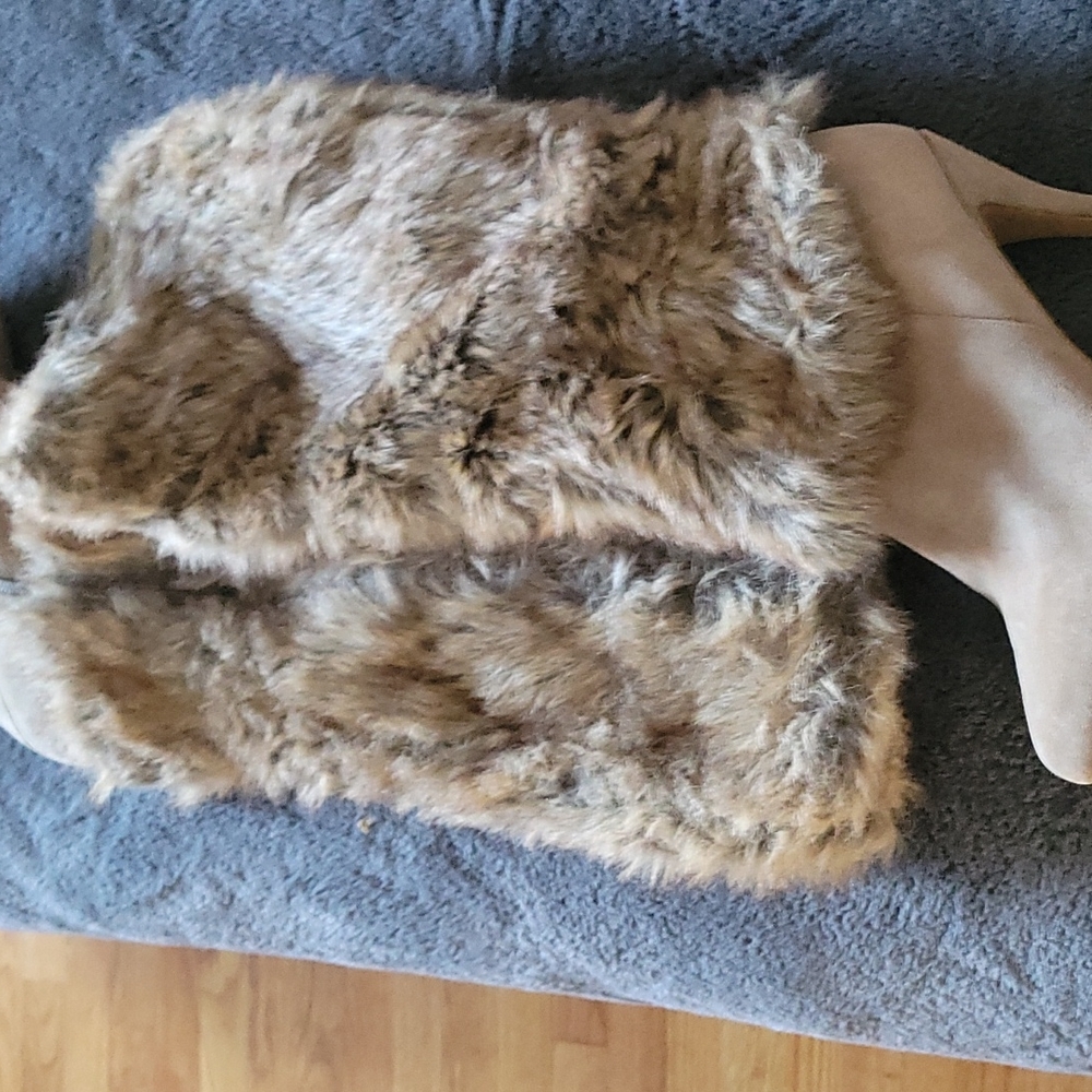 Faux fur tan knee high, high heeled boots